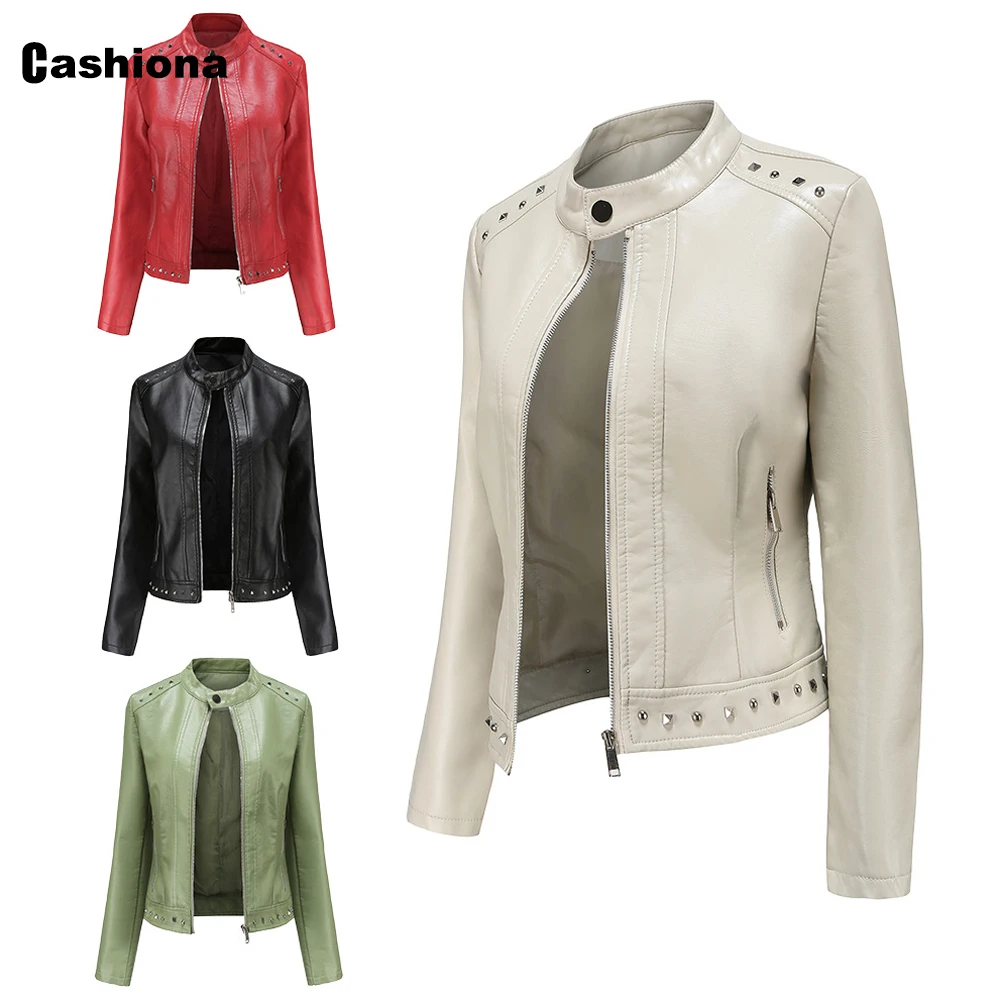 2021 Faux Pu Leather Jackets Plus Size Women Fashion Rivet Outerwear Pockets Zipper Coat Slim Biker Jacket Sexy Womens Clothing