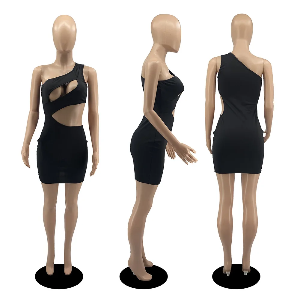 

Women Inclined Shoulder Sleeveless Bandage Mini Dress Cut Out Hole Backless Bodycon Dresses Summer Black Birthday Party Dress