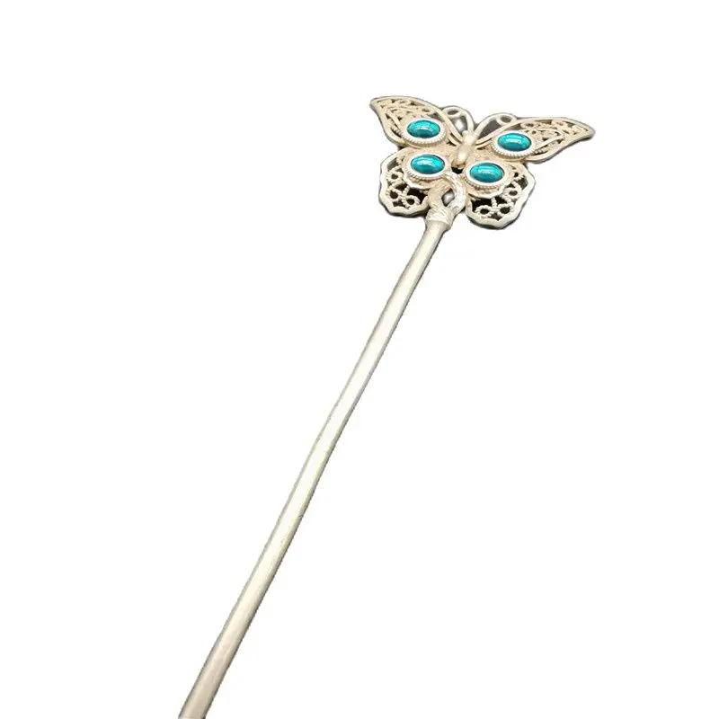 

Chinese Tibet Silver Carved Tibetan Silver Inlaid Turquoise Silver Hairpin