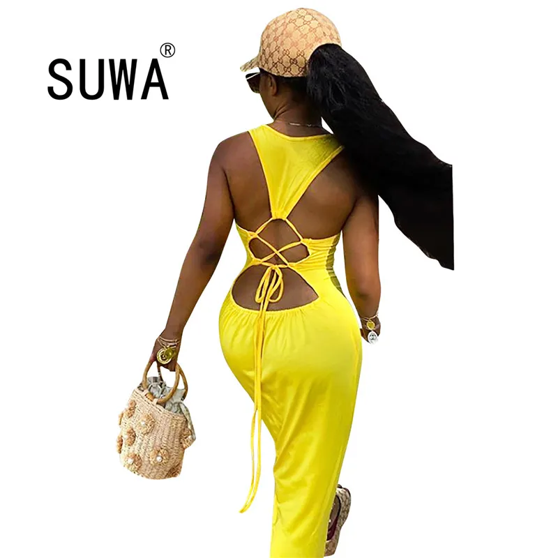 

Sexy Long Backless Dress Women Lace Up Night Club Party Beach Dresses Ladies Sleeveless Maxi Beach Sundress Yellow Blue Vestidos