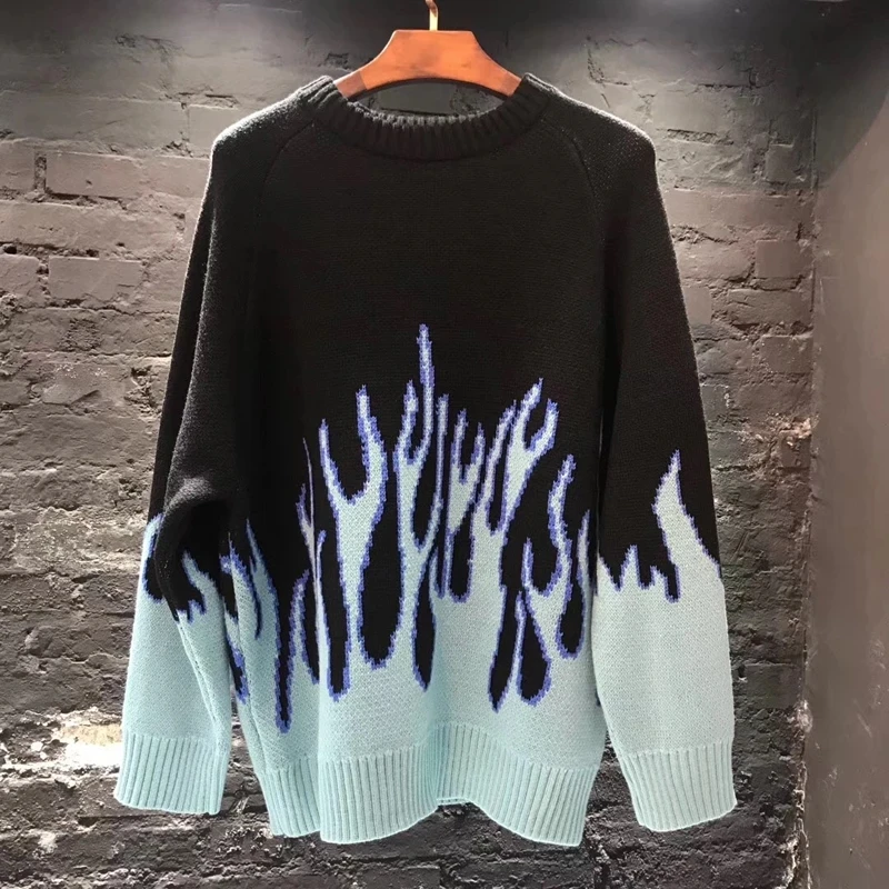 

Sweater men's street clothing retro flame pattern hip-hop autumn new round neck oversized couple casual men's sweater