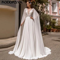 roddrsy a line chiffon wedding dress 2021 luxury detachable long sleeve lace appliques brush train vintage bridal gown