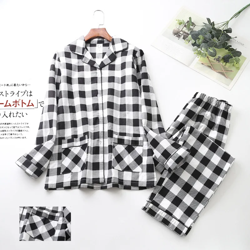 

Spring / Autumn Long Sleeve Cotton Pajamas Women's Trouser Suits Black and White Plaid Home Clothes Plus Size 2 Piece Sleepwear