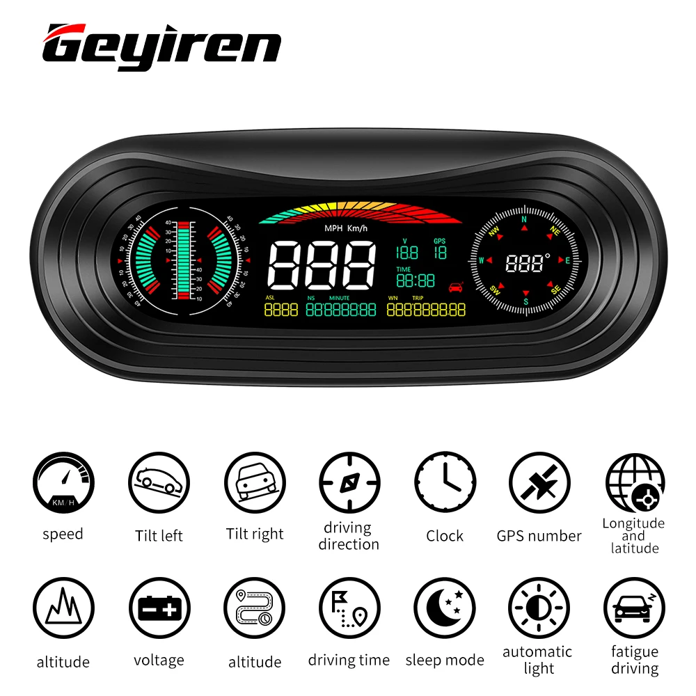 Geyiren P18 Car Speedometer GPS HUD Head Up Display Voltage display Inclinometer Pitch Automotive Voltage Compass Altitude Clock