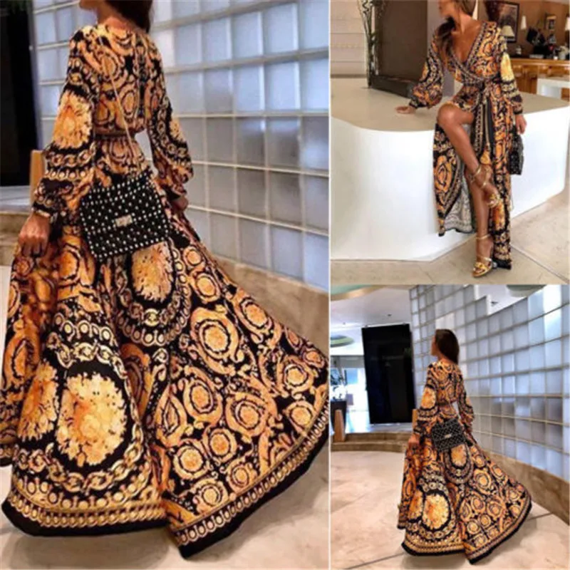 

2019 Boho Womens Bikini Cover Up Ladies Long Sleeve Floral Bohemian Fashion Women Party Bodycon Maxi Dress Clothing Plus Size