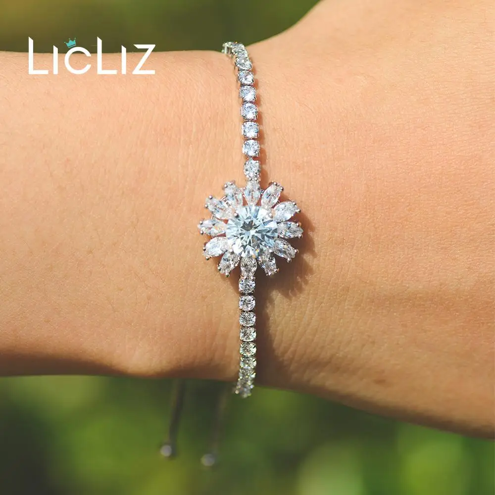 LicLiz,, модные, Роскошные, геометрические, цветочные, очаровательные, регулируемые браслеты для женщин, циркон, белое золото, коробка, цепь, ювелирное изделие, LUB0207