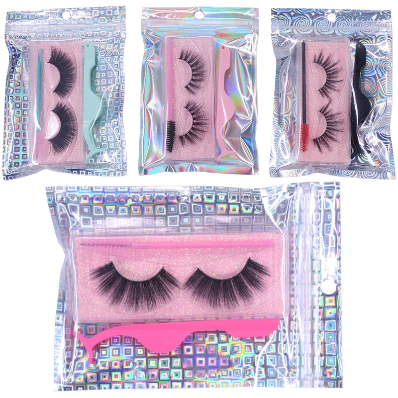 Newest 100/50pcs  Wholesale Pink Gold Blue Holigraphic 3D Fake Eyelash Packaging Bag Jewelry Gift Lashes Baggies Box images - 6