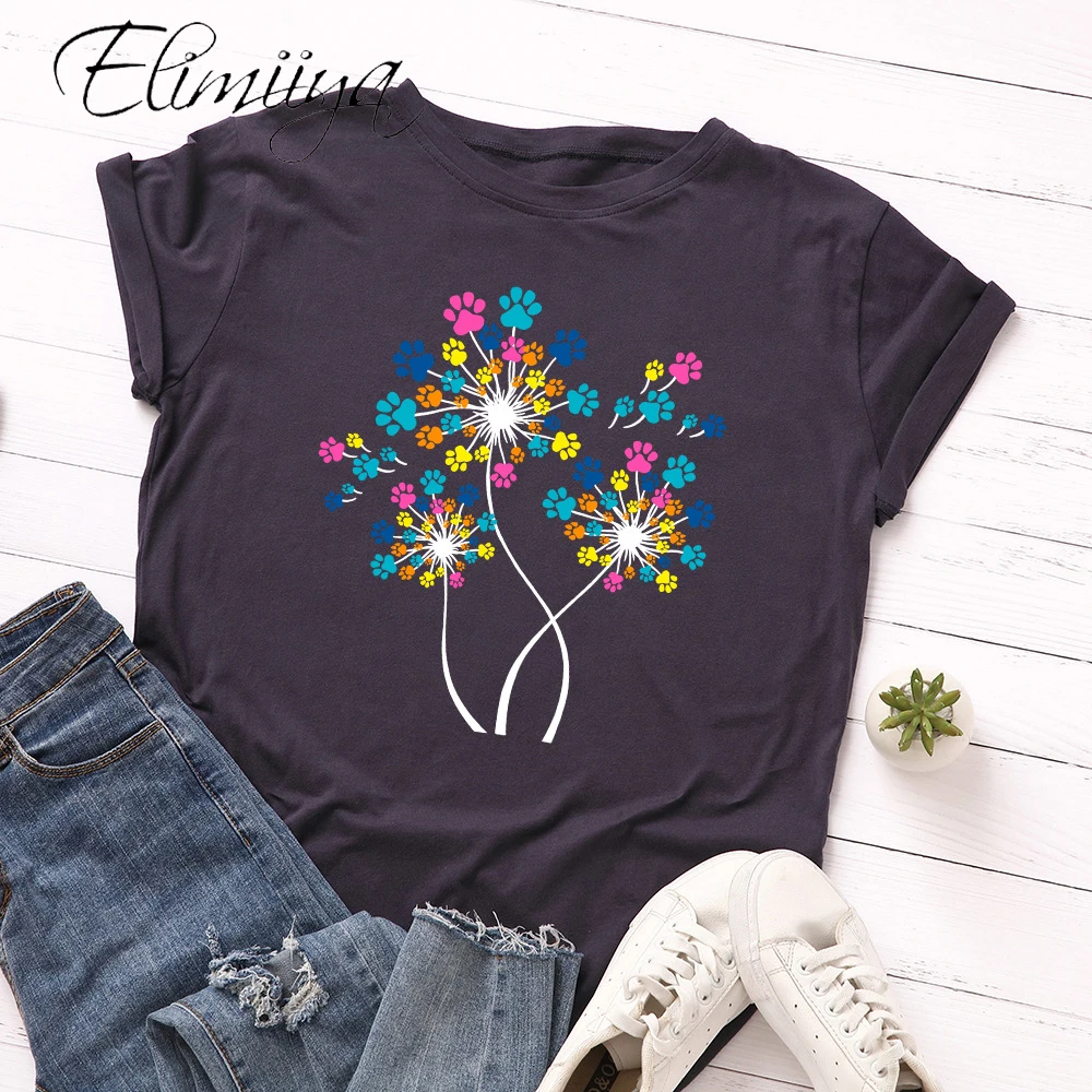 

Elimiiya Women Flower T-shirt Aesthetics Graphic Short Sleeve Cotton Polyester T Shirts Female Camisetas Verano Mujer