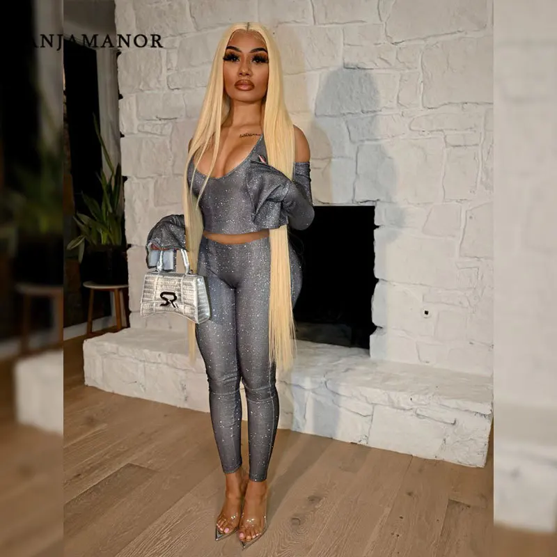 

ANJAMANOR Sparkly Sexy Crop Top and Pants 2 Piece Sets Womens Birthday Outfits Clubwear Fashion Matching Sets D21-DA31
