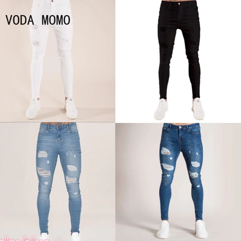 Джинсы для мужчин на пуговицах шорты с дырками Стрейчевые зауженные брюки из