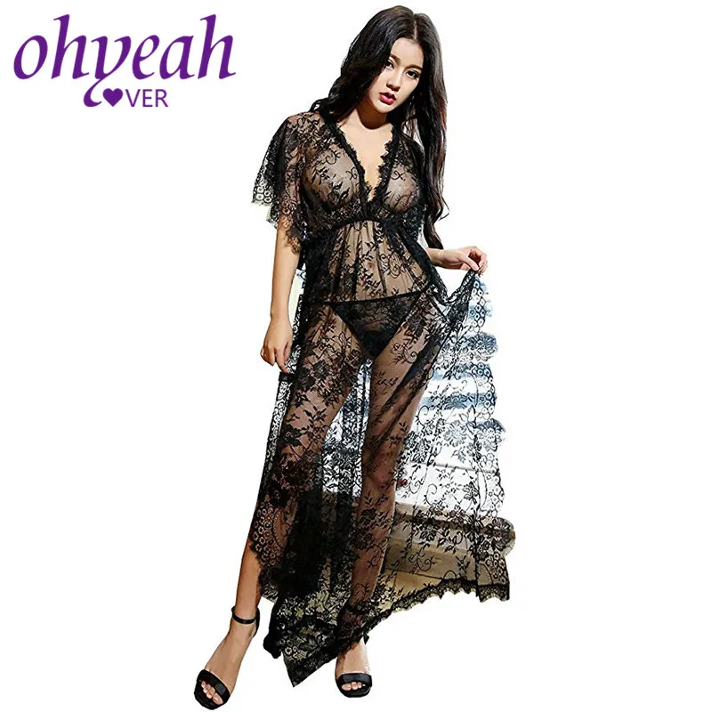 Ohyeahlover, короткий рукав, Прозрачная кружевная ночная рубашка с поясом, макси, с разрезом по бокам, женский ночной халат, ажурный халат, RL80262