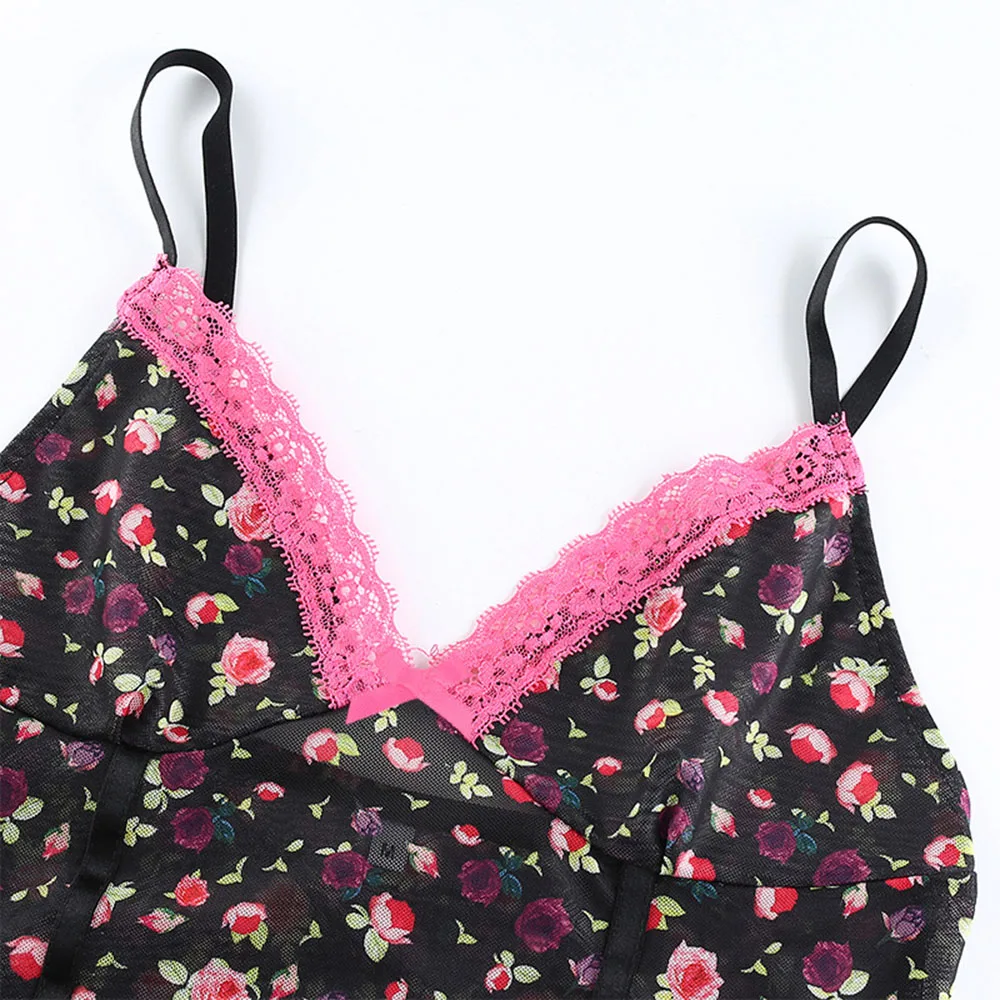 

Gothic Women Sexy Mesh Tank Top Bowknot Floral Printed Cute Female 2021 New Fashion Backless Crop Tops Goth Streetwear Trendy