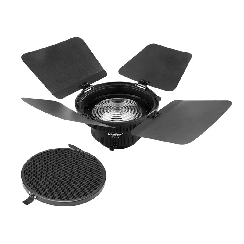 

NiceFoto FD-110 Fresnel Mount Light Focusing Adapter with Lights Honeycomb Grids Barn Doors for Bowens Mount LED Video Light