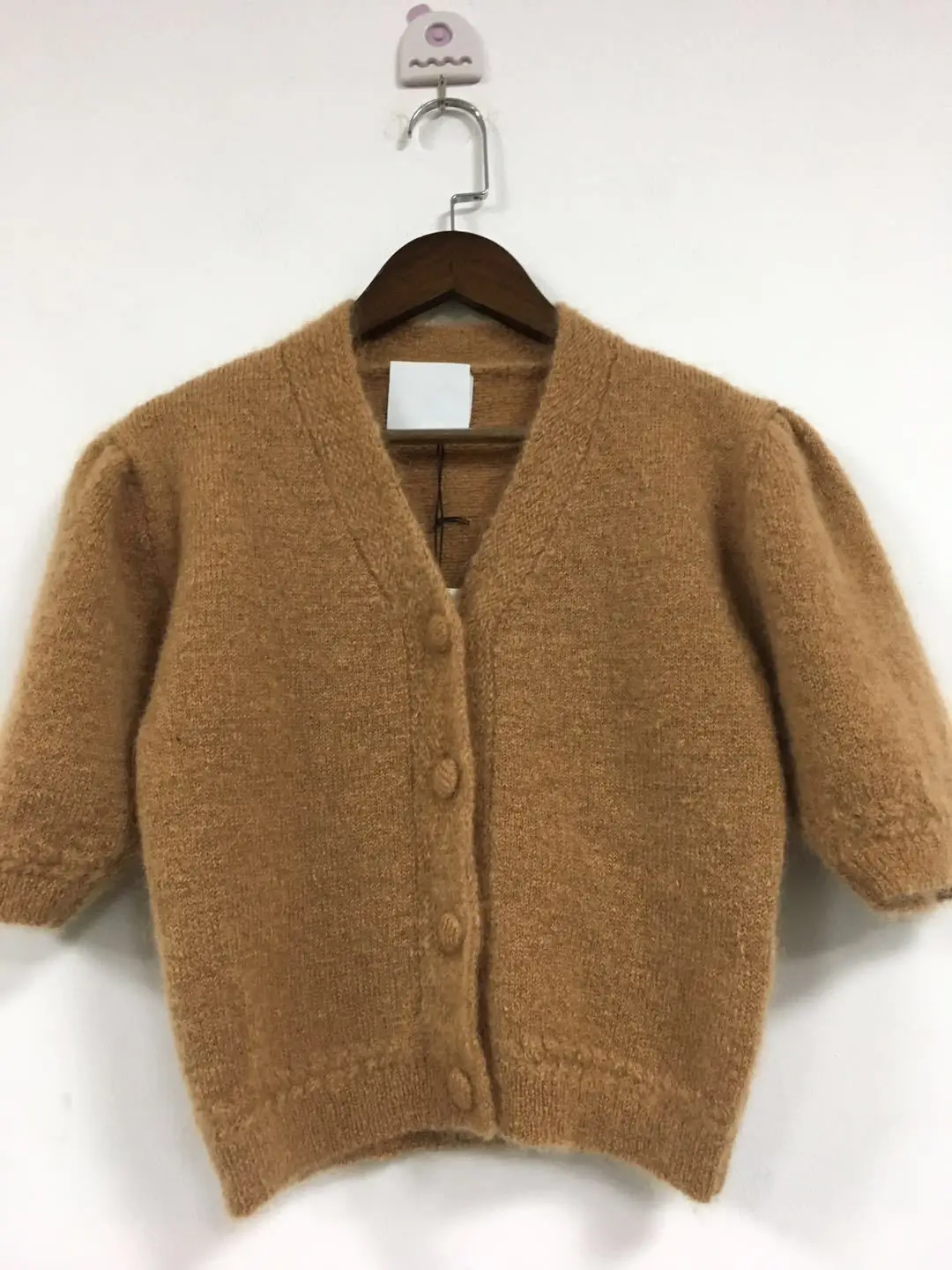 

Autumn woman elegant mohair cardigan sweater five-point sleeve V-neck puff sleeve button knit French brand casual woman sweater