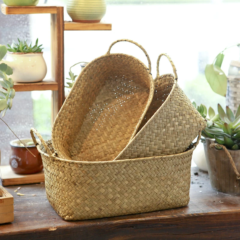 

Handmade Wicker Storage Baskets Seagrass Wicker Basket Garden Plant Flower Pot Laundry Basket Container Makeup Rattan Organizer