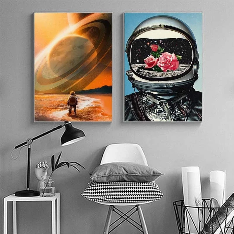 

Cosmic Space Astronaut Rose In Helmet Wall Art Canvas Painting Nordic Posters and Prints Wall Pictures for Living Home Decor