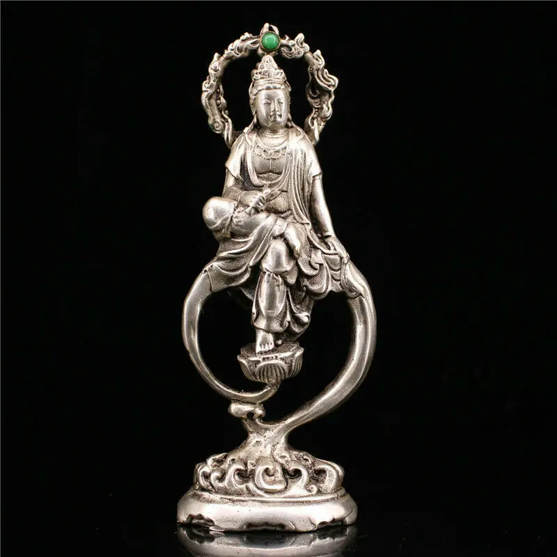 

7.09" Chinese Pure Copper Silvering Inlay Gem Handmade Kwan-Yin Buddha Statue Desk Decoration Buddha Statue Collection Ornaments