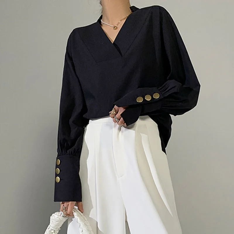 

ECRURANI White Shirt For Women V Neck Puff Long Sleeve Loose Solid Minimalist Shirts Female New Clothing 2021 Spring Fashionable