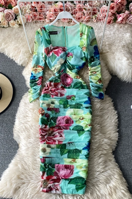 

Bohemian Women Flower Printed Pleated Bodycon Dress Female Elegant High Waist Draped Vestidos Spring Autumn Lady Robe Fashion