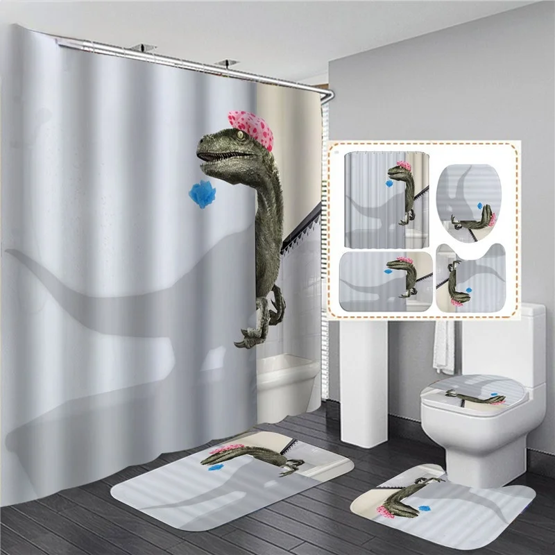 

3D Dinosaur Shower Curtain White Waterproof Bathroom Curtain With Hooks Anti-slip Bath Mat Set Soft Rug Toilet Carpet Home Decor