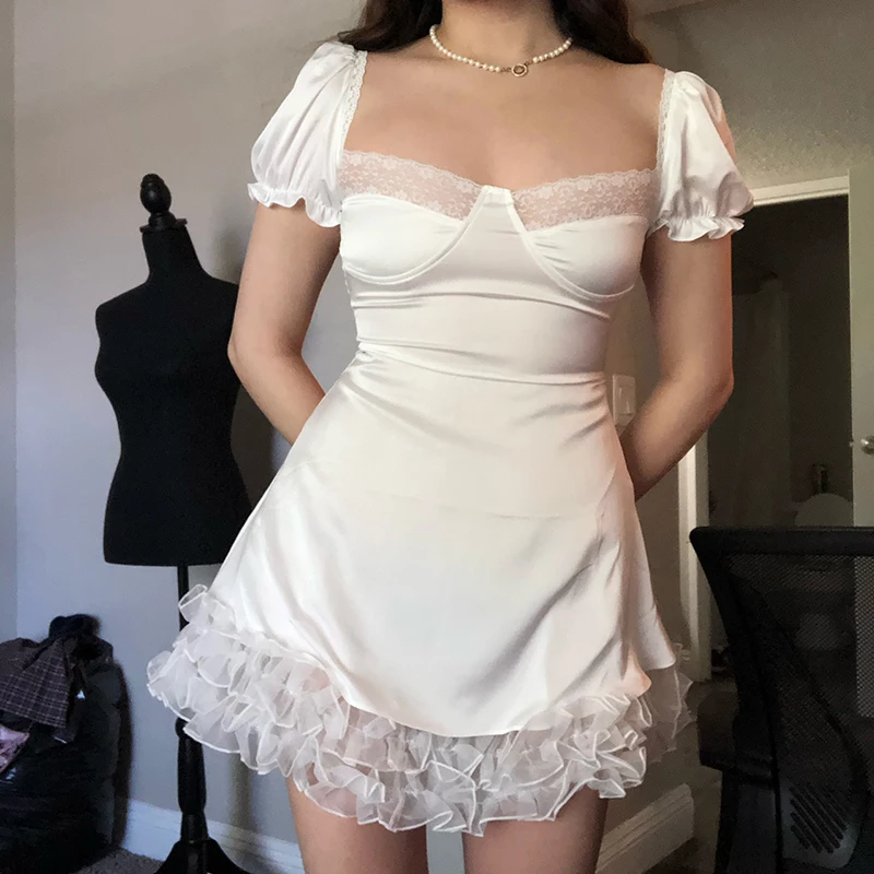 

Dourbesty Fairycore Satin Dress Women Square Neck Lace-up Stitched Push up Short Sleeve Dress Birthday Party Club Night Dress