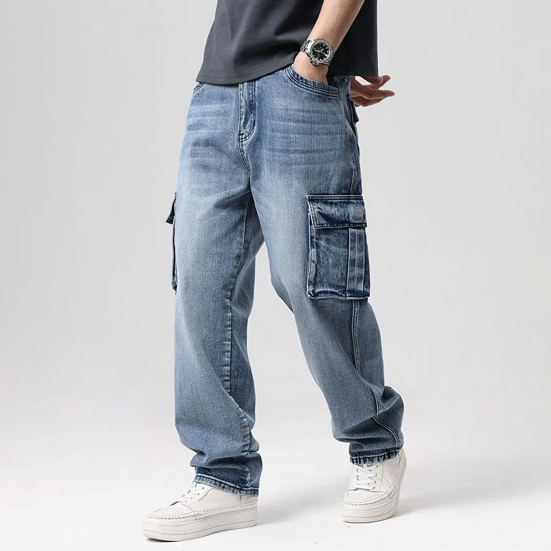 

Mcikkny Men Vintage Cargo Casual Jeans Trousers Multi Pockets Loose Skateboard Denim Pants For Male Plus Size 30-46