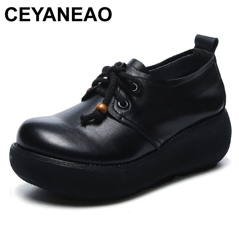 

CEYANEAO shoes woman 2020 spring high quality 100% genuine leather platform shoes women retro handmade single platform shoes