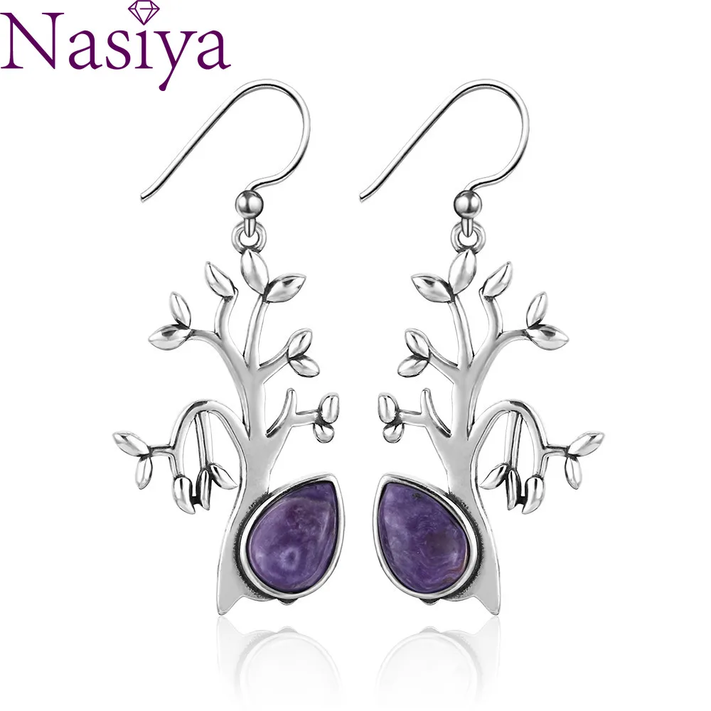 Природный чароит в форме сладкого дерева серьги капли для женщин 925 серебряные