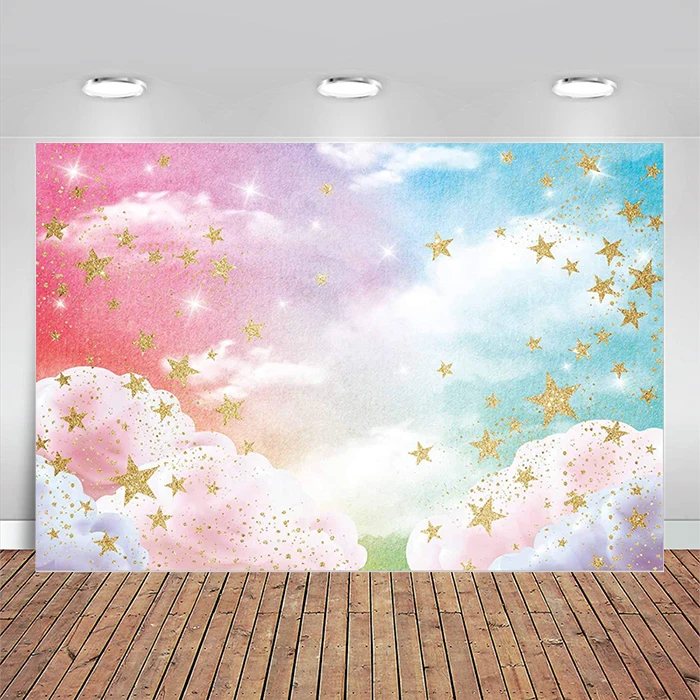 Colorful Sky Backdrop Cloud Stars Rainbow Background Baby Shower Birthday Party Supplies Cake Table Decor Portrait Photobooth enlarge