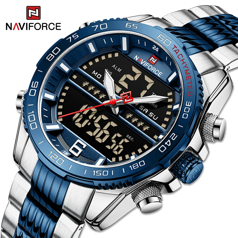 

Люксовый бренд NAVIFORCE цифровые спортивные часы для мужчин Стальной ремешок водонепроницаемые Хронограф Будильник Светящиеся кварцевые нар...