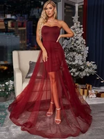 missord off shoulder christmas party solid red long dresses for women 2021 vestido sheer mesh tube prom fashion sleeveless dress