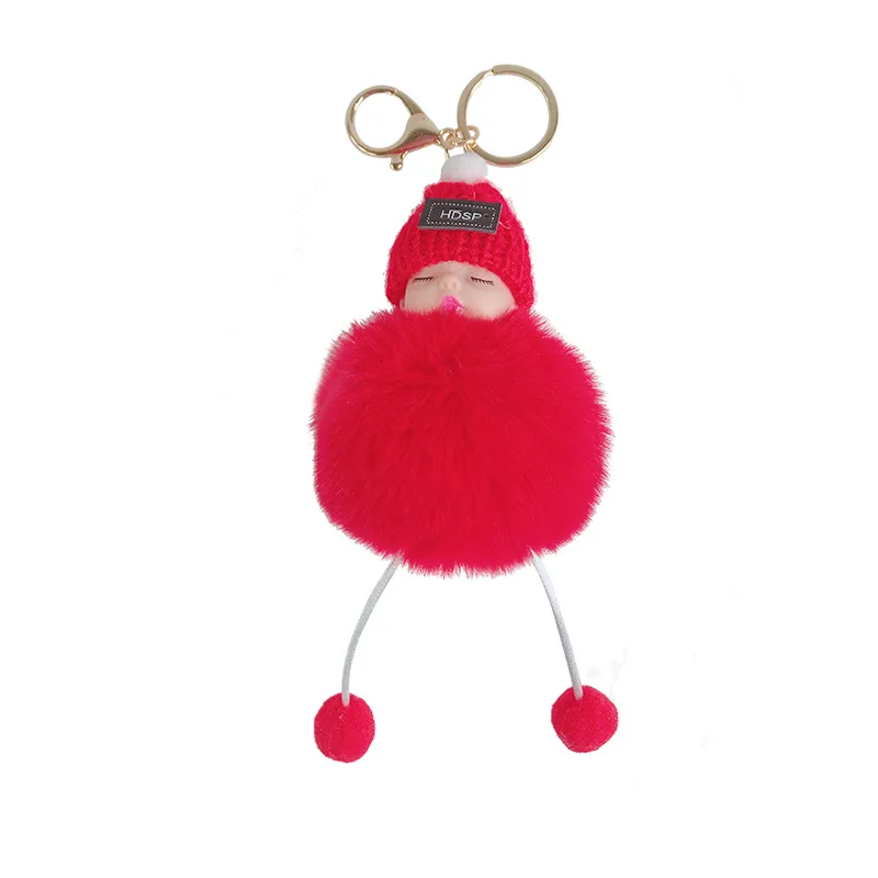

Sleeping Baby Doll Keychains Pompom Faux Fur Ball Car Key Rings Baby Toy Women Bag Pendant Gifts Key Chains Trinket