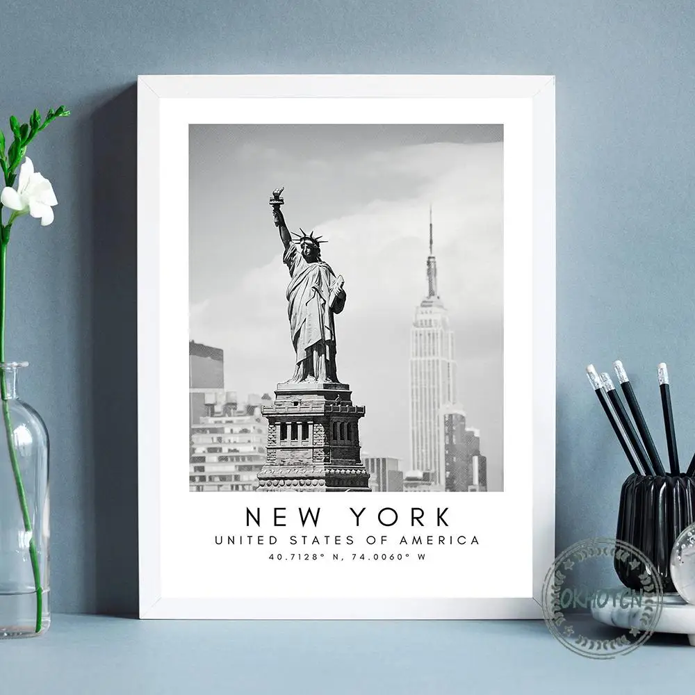 Черно-белый пейзаж мира город холст живопись Париж Рим Сидней Нью-Йорк Постер