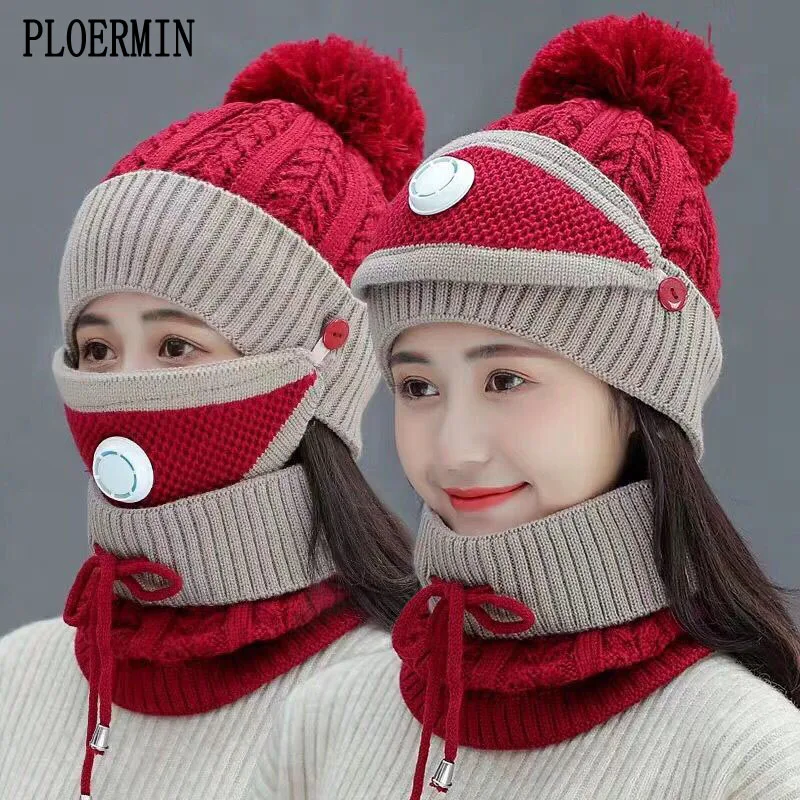 

2021 New 3 Pieces Set Women's Knitted Hat Scarf Caps Neck Warmer Winter Hat For Ladies Girls Skullies Beanies Warm Fleece Ca