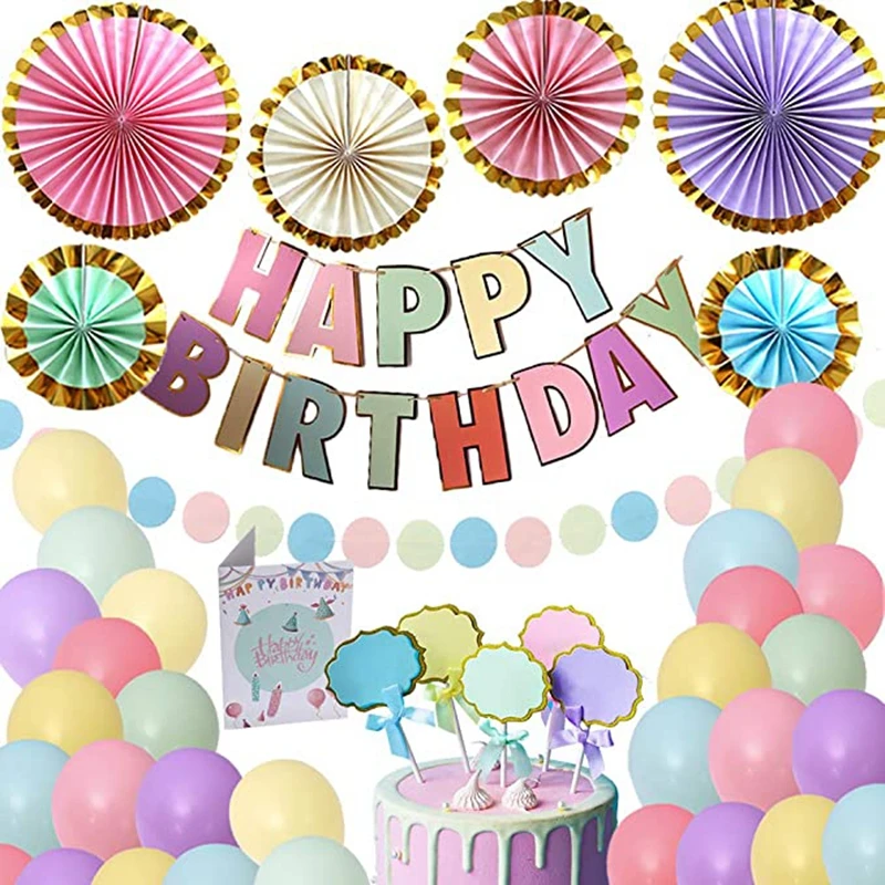 

Happy Birthday Bunting Banner Hanging Paper Fans Macaron Candy Pastel Garland Bunting Baby Shower 1st Birthday Party Decorations