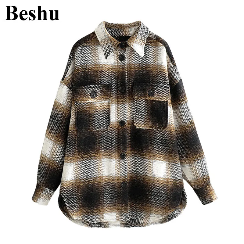 Za 2020 модные куртки женские твидовые клетчатые нагрудные однобортные с карманами