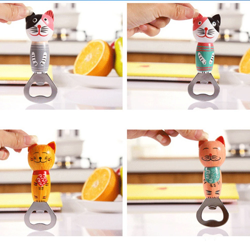 

DM Japanese Multi-function Wooden Cat Beer Bottle Opener Portable Bottle Opener Magnetic Refrigerator Sticker Kitchen Bar Tools