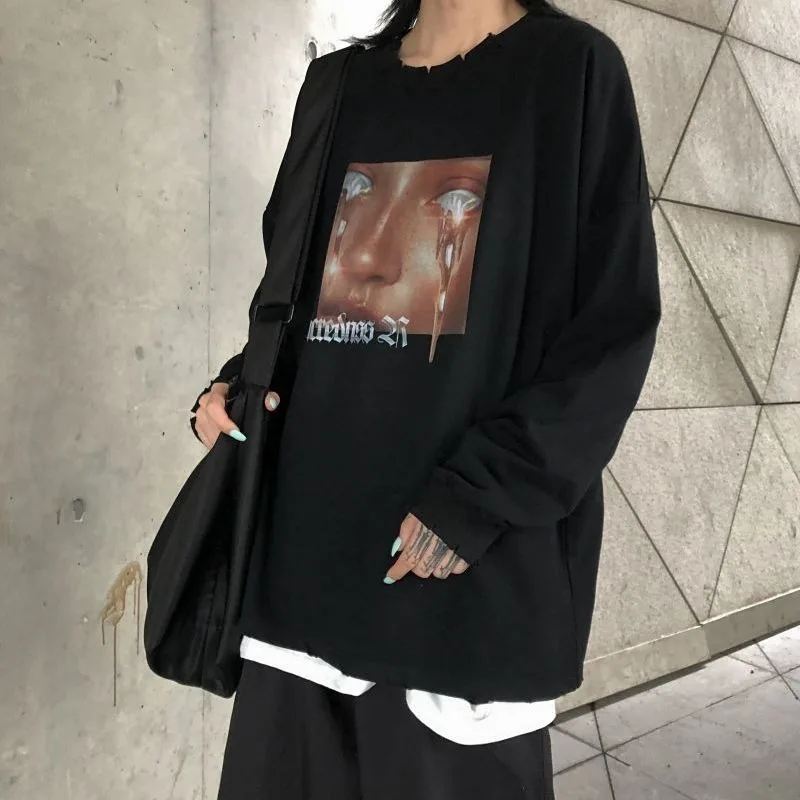 

KOSAHIKI Black O-neck Vintage Print Women Pullovers Spring Fleece Ins Retro Casual Hoodies Streetwear Loose Korean Sweatshirts