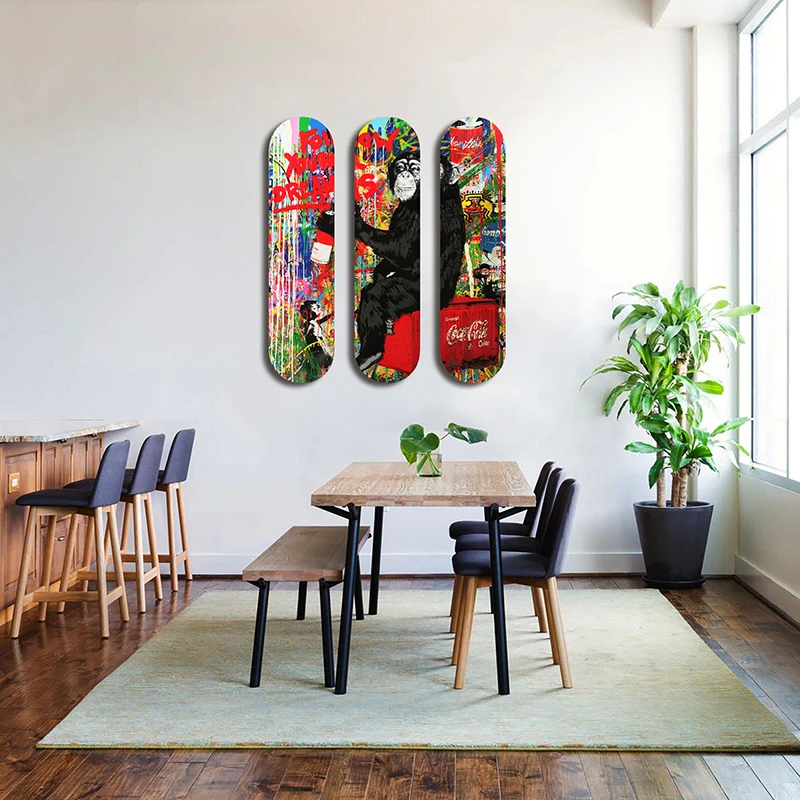 Bansky Monkey Skateboard Wall Art Vintage Decoracion Pared Canadian Maple Skate Deck Wall Decals Teen Room Decoration Men Cave