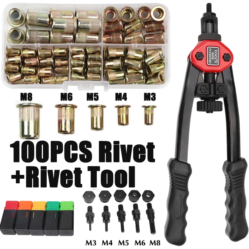 

100pcs Rivet Nut +Hand Threaded Rivet Nuts Gun BT606 M3 M4 M5 M6 M8 Double Insert Manual Riveter Gun Riveting Rivnut Rivet Tool
