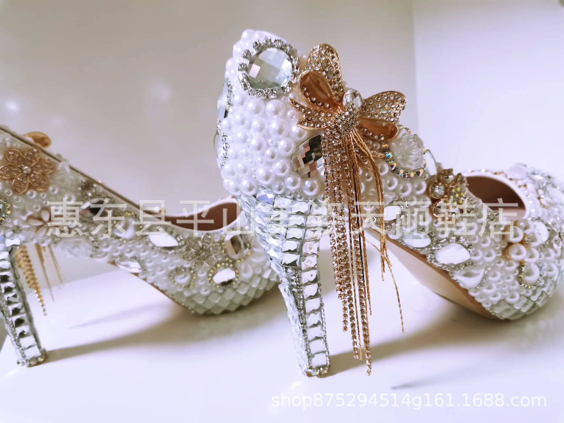 

Luxury bow diamond ultra high heels women's shoes pearl wedding shoes crystal tassel bridal shoes waterproof platform single