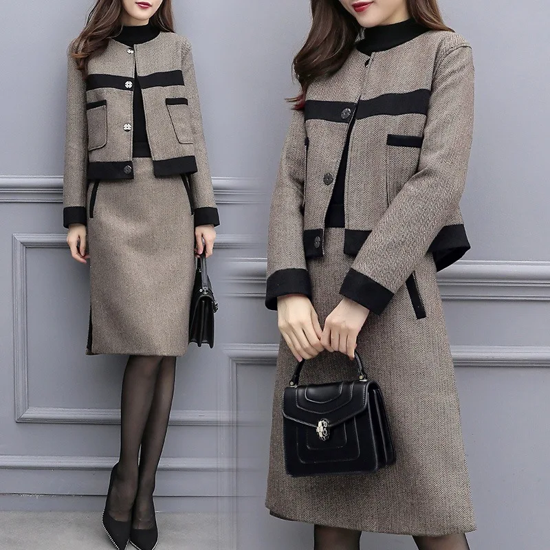 

2019 new women's autumn and winter two-piece skirt wool short jacket slim skirt casual fashion suit women's skirt high quality