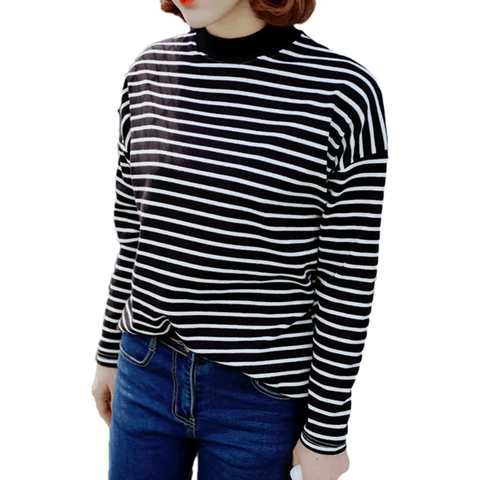 

Women Casual Stripe Long Sleeve High O Neck Pullover Horizontal Stripes Loose Blouse Tops