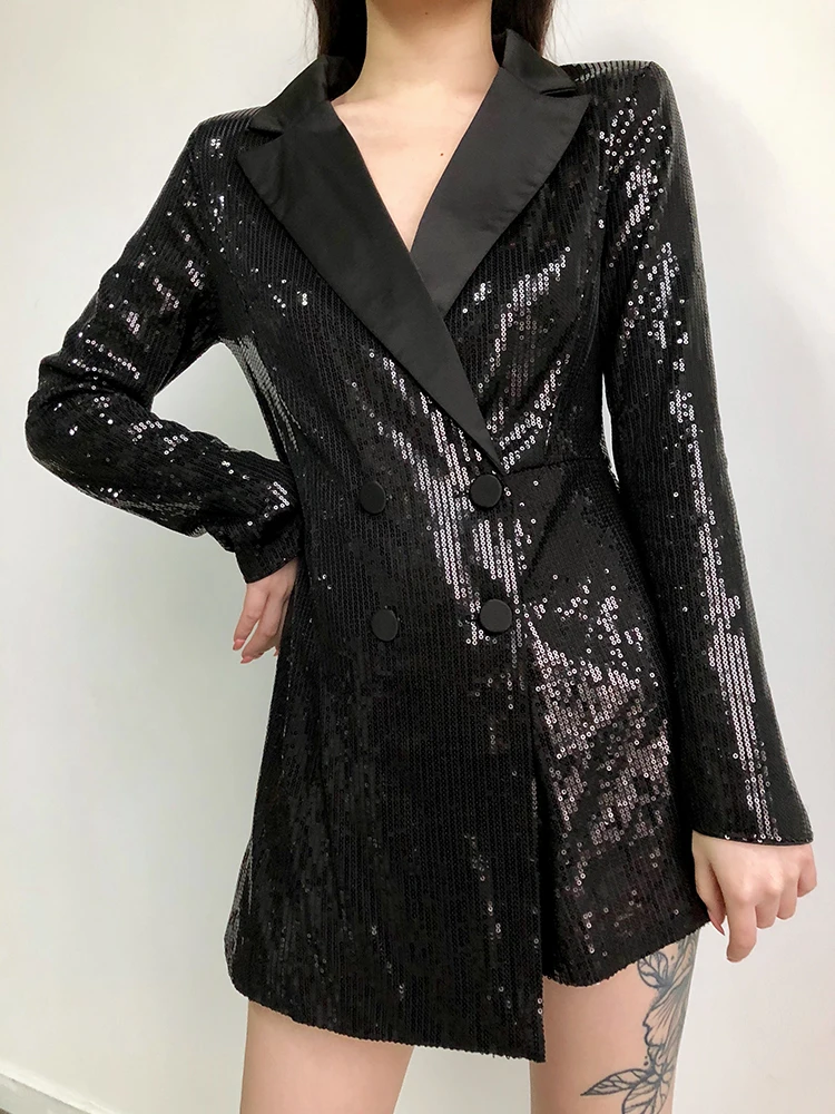 2019 Весна Новый все расшитый блестками Атласный Костюм с декольте