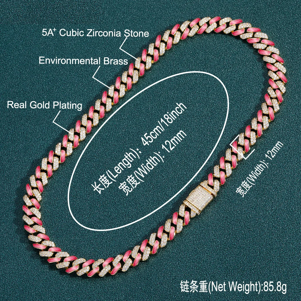

Necklace Pink Oil Drop Cuban chain European and American Hip-Hop Jewelry 12mm Wide Personality Men and Women Couple Necklace