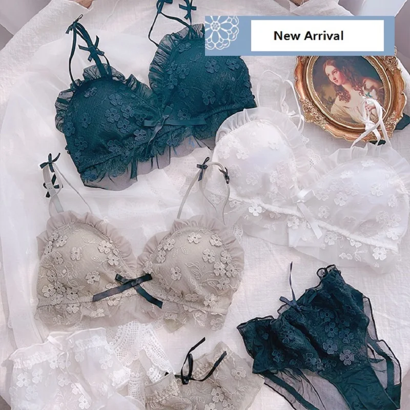 

Pure Color Sweet Three-dimensional Embroidered Flowers Lingerie Sets Flashing Ribbon Bow No Steel Ring Bra and Panty Set
