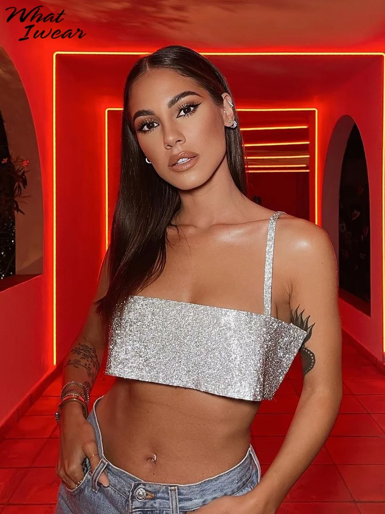 

Whatiwear Solid Shiny Women's Crop Top Strap Camisole Sleeveless Backless Bodycon Stretchy Tanks Loose Twinkle Female Streetwear