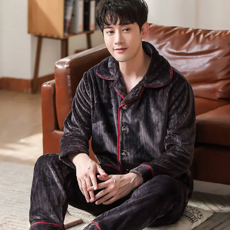 man pajama set Теплая Пижама Мужская Фланелевая Зимняя Толстая Пижама Мужская Толстая пижама с длинным рукавом Повседневная Осенняя Пижама для мужчин коралловый флис для сна XXXL - Цвет: man pajama set
