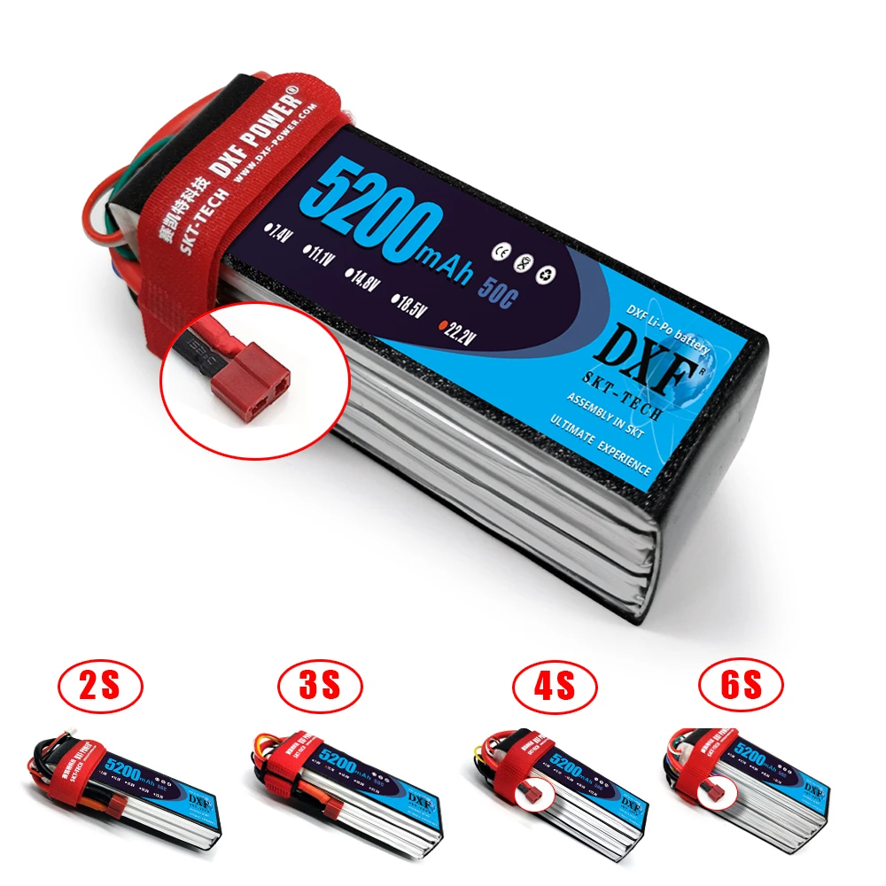 Литий полимерная батарея DXF 2S 3S 4S 6S 7 4 V 11 1 14 8 22 2 5200mAh 50C с T образной вилкой для FPV 450 500