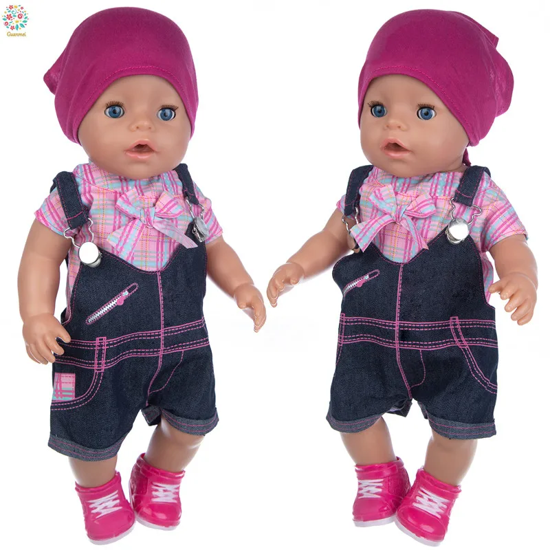 

2021 New Baby New Born Fit 18 inch Doll Clothes Accessories Two Piece Plaid Baby Shirt + Denim Suspenders For Baby Birthday Gift